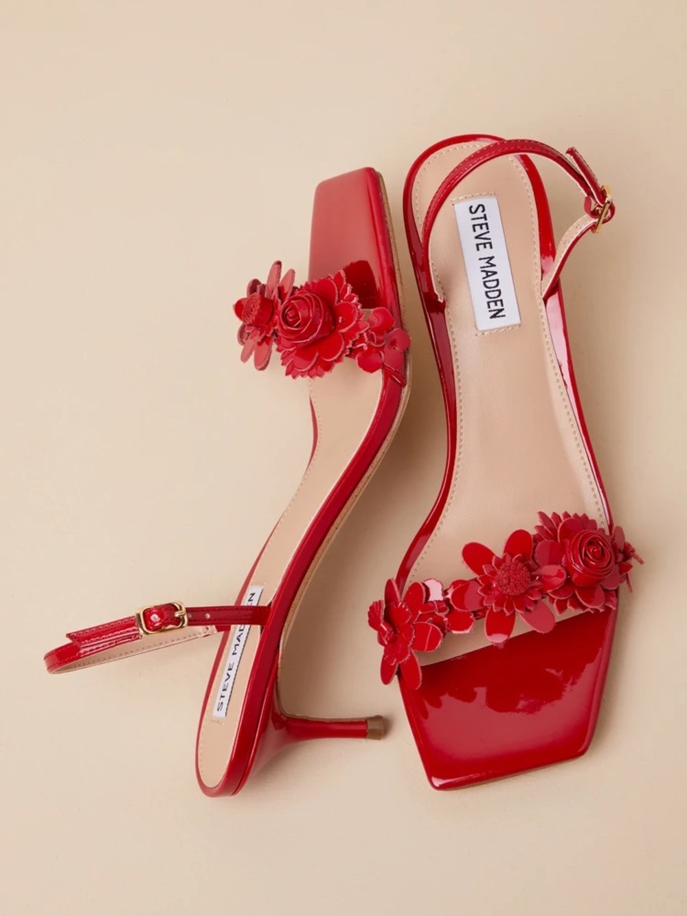 NWOT Steve Madden Rosalea Red Patent Flower Slingback Kitten Heel Sandals 9.5 - Picture 2 of 7